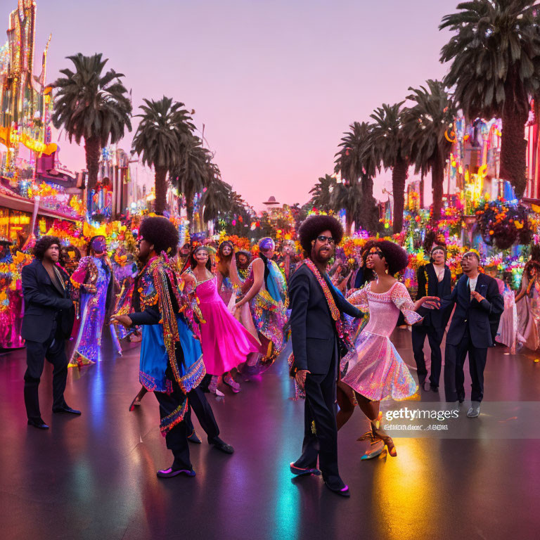 Colorful street dance performers in afros under sunset sky.