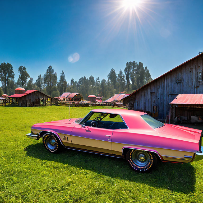 Vintage Pink Car Parked Beside Barn and Trees Under Blue Sky