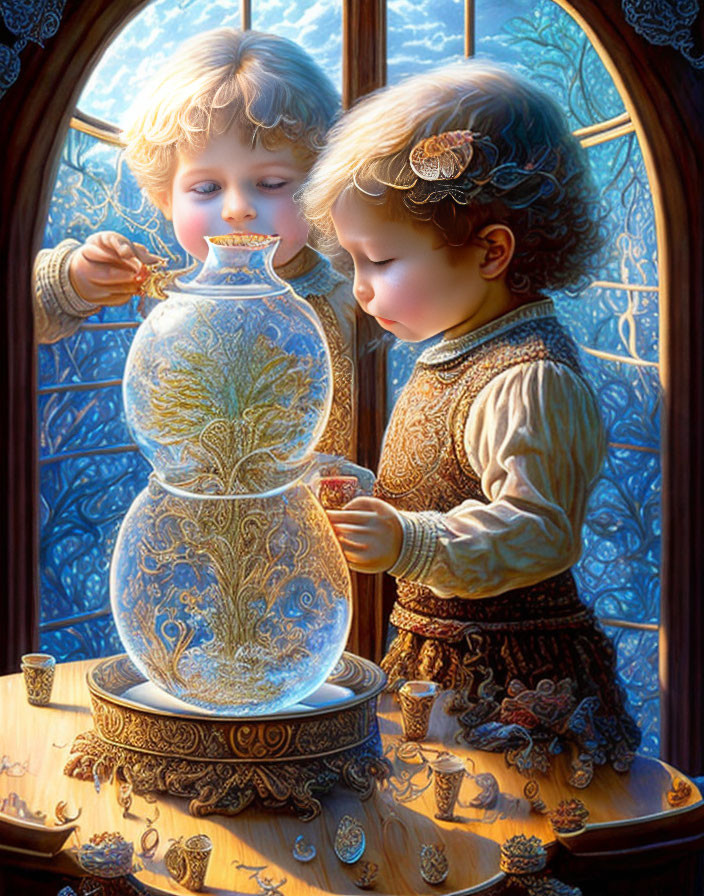 Children admiring intricately designed vase by stained glass window