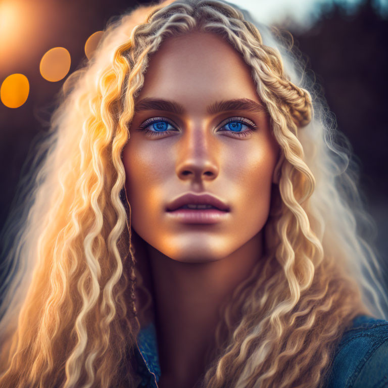 Person with Striking Blue Eyes and Long Curly Blonde Hair Portrait