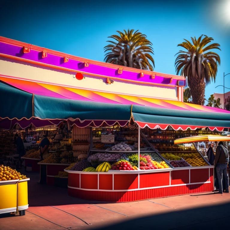 Vibrant outdoor fruit stand with colorful awnings and customers under sunny sky