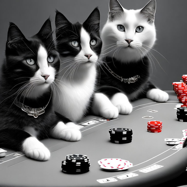 Three cats at poker table with expressive faces and chips.