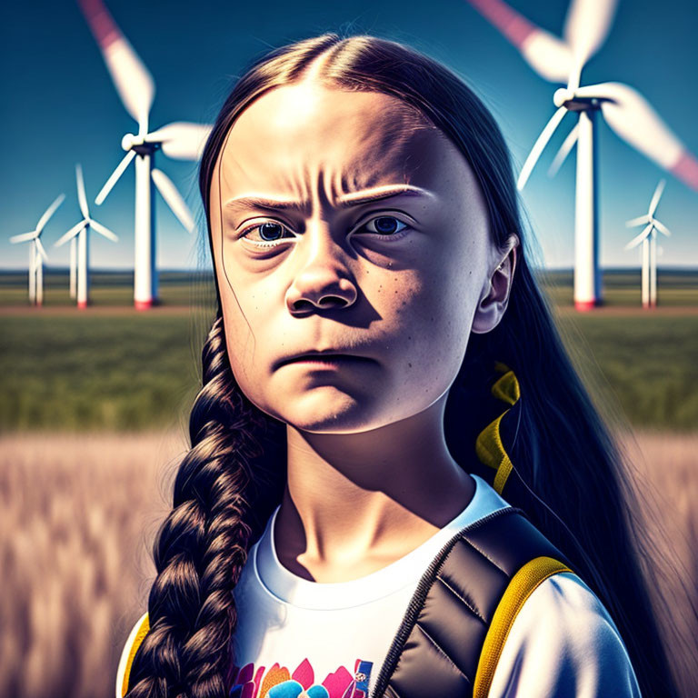 Digital artwork: Girl with stern expression, braided hair, wind turbines, blue sky