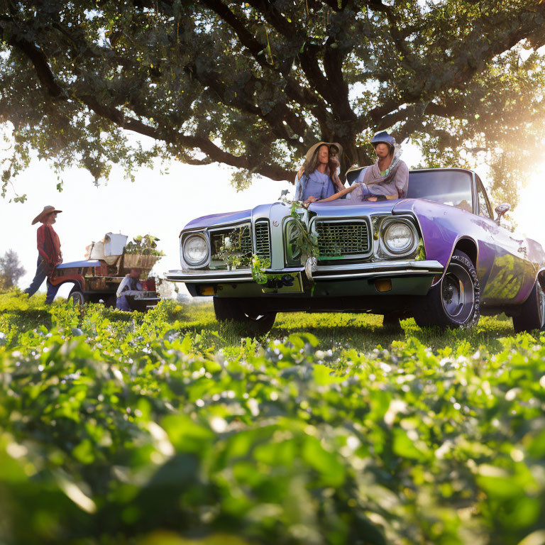 Vintage car and people in clover field on sunny day