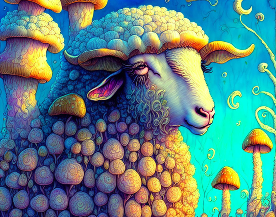 Colorful sheep illustration with psychedelic wool pattern and whimsical mushrooms on blue background