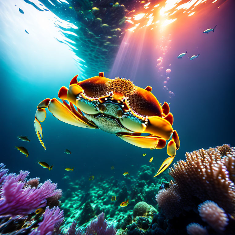 Colorful crab swimming in coral reefs with fish in the background