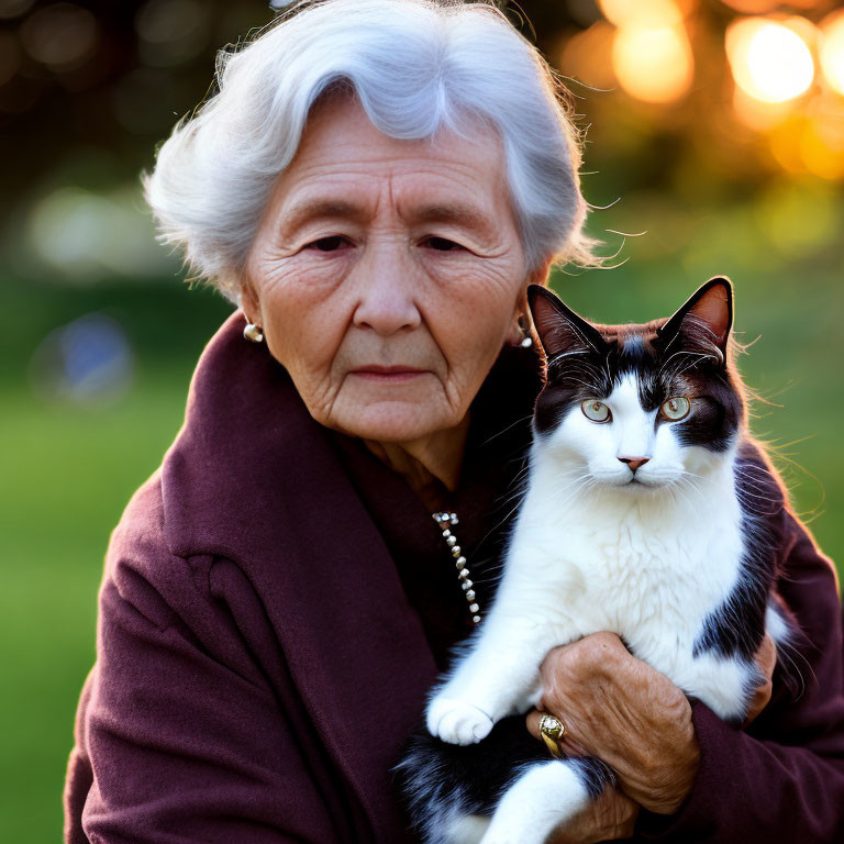 Elderly woman with white hair holding black and white cat outdoors