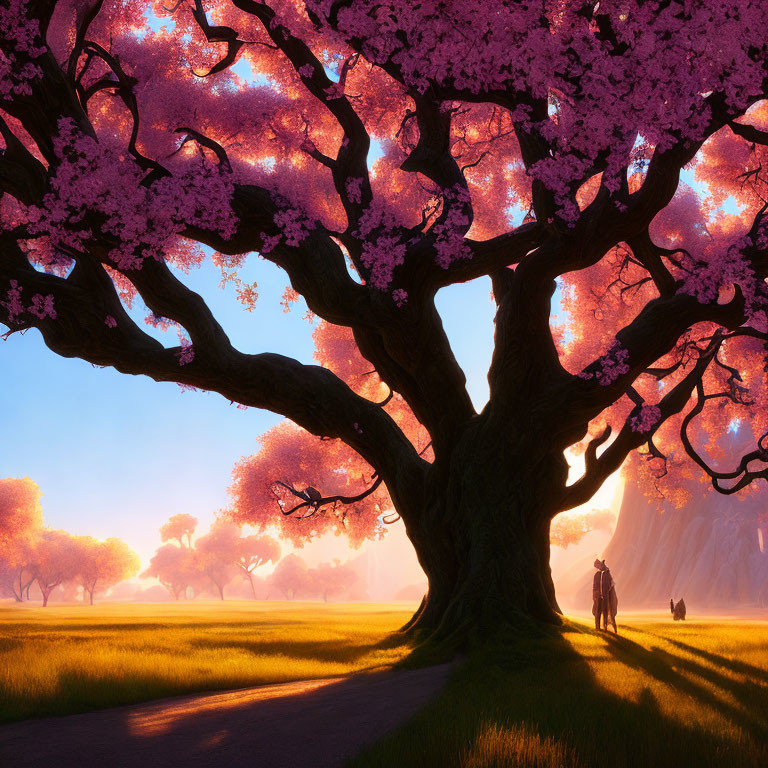 Person and dog under massive tree with vibrant pink blossoms in golden sunset meadow