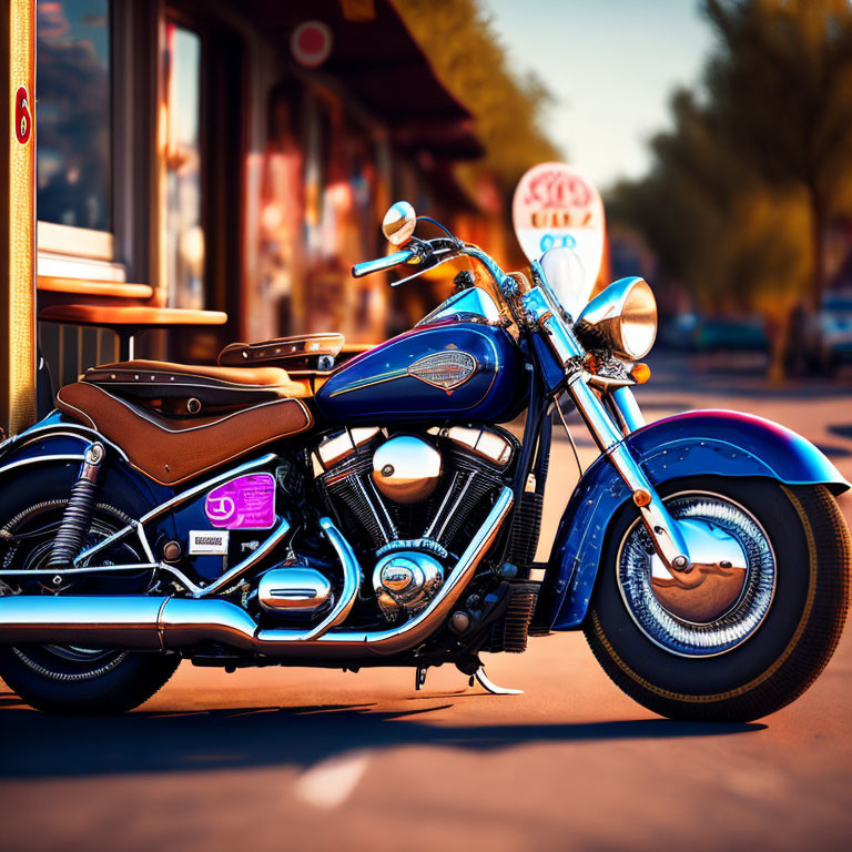 Vintage blue motorcycle parked outside a diner under warm lighting