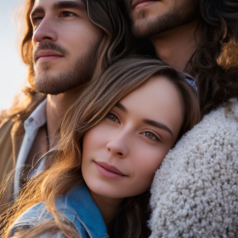 Three young adults in contemplative poses during golden hour