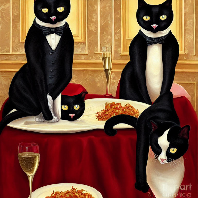 Anthropomorphic cats in formal attire dining with spaghetti and champagne