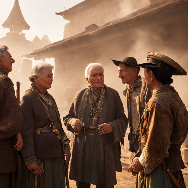 Elderly individuals in traditional attire conversing in historic village with Asian architecture.