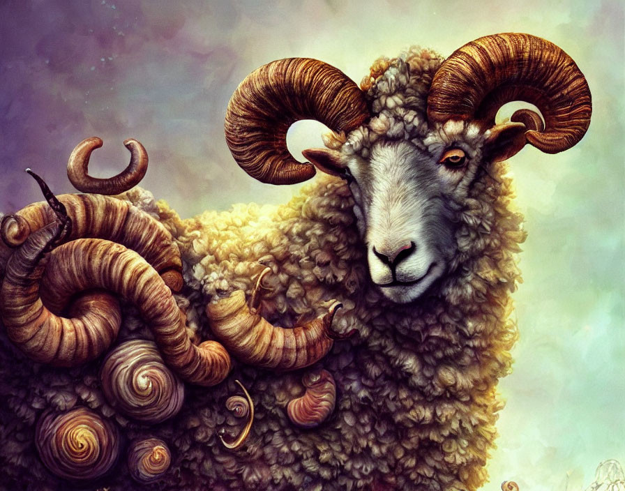 Illustrated ram with spiraling horns in whimsical setting with snails.