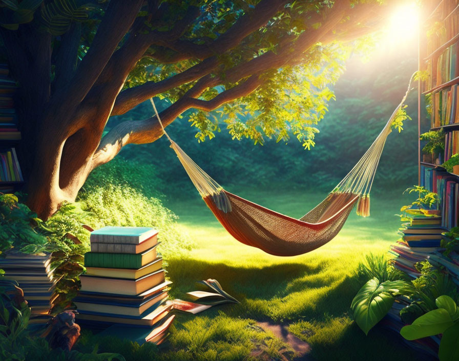 Tranquil garden hammock scene with books and sunlight.