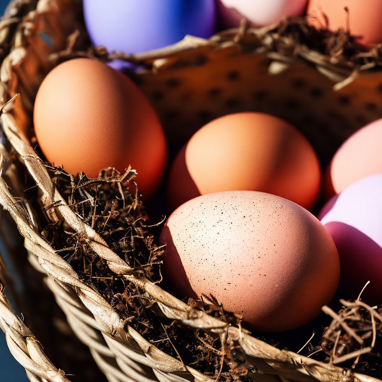 Close-up of speckled and plain eggs in wicker basket with twigs