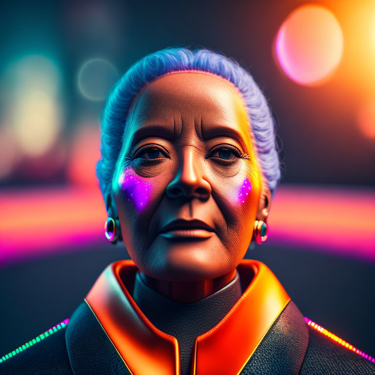 Elderly Woman with Blue Hair in Futuristic Attire and Glitter Makeup