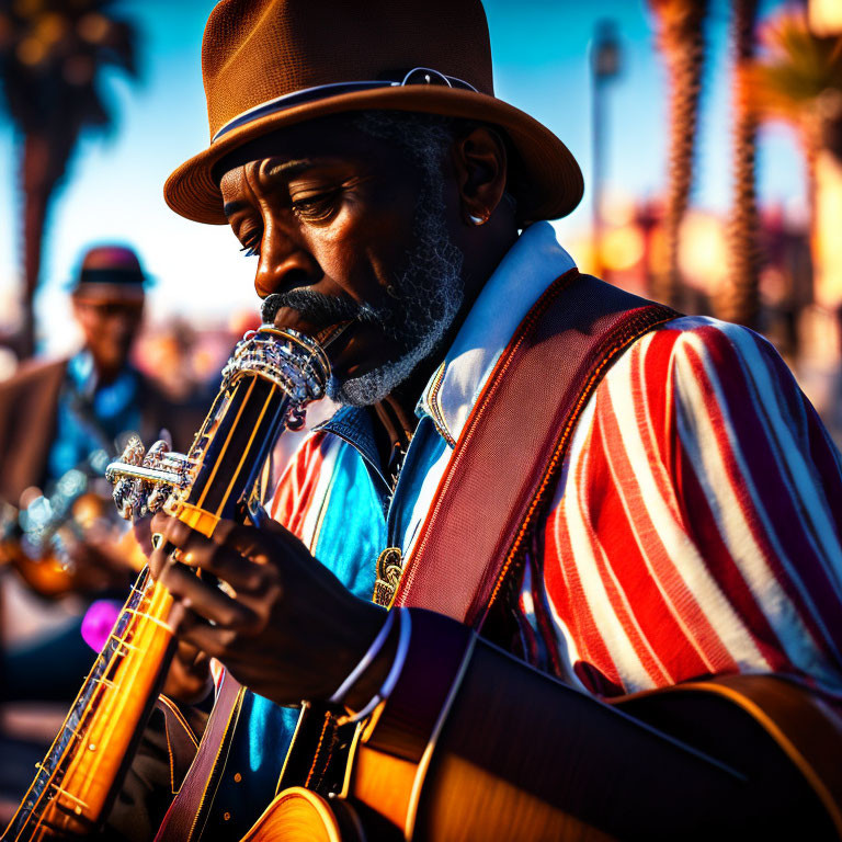 Man playing guitar at sunset with musician in background under palm trees