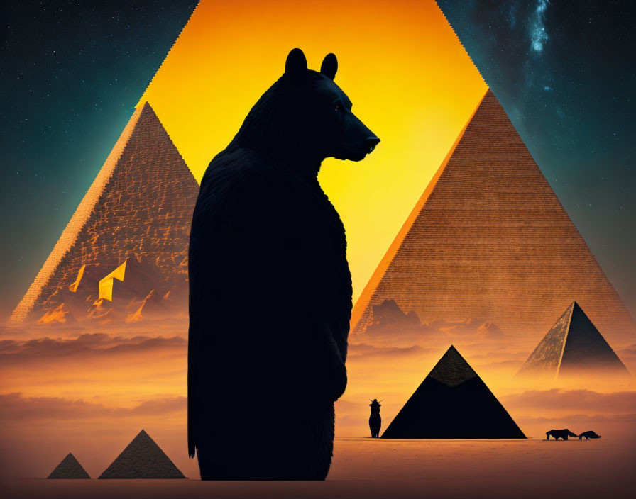 Silhouette of bear with Egyptian pyramids and geometric pattern under starry sky