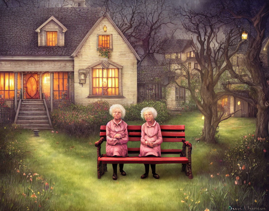 Elderly women on red bench in cozy garden at dusk