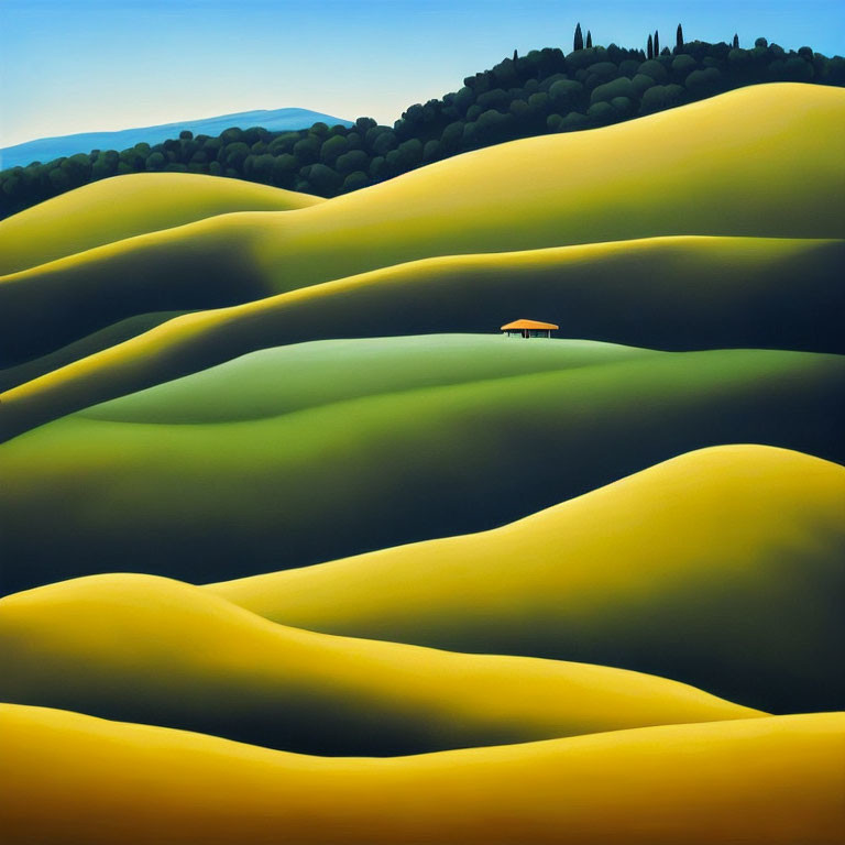 Undulating green and yellow hills with small house and trees under blue sky