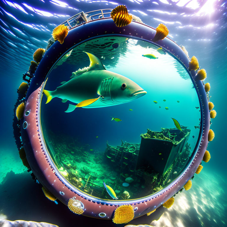 Circular Underwater Observatory with Marine Life & Sunken Structure