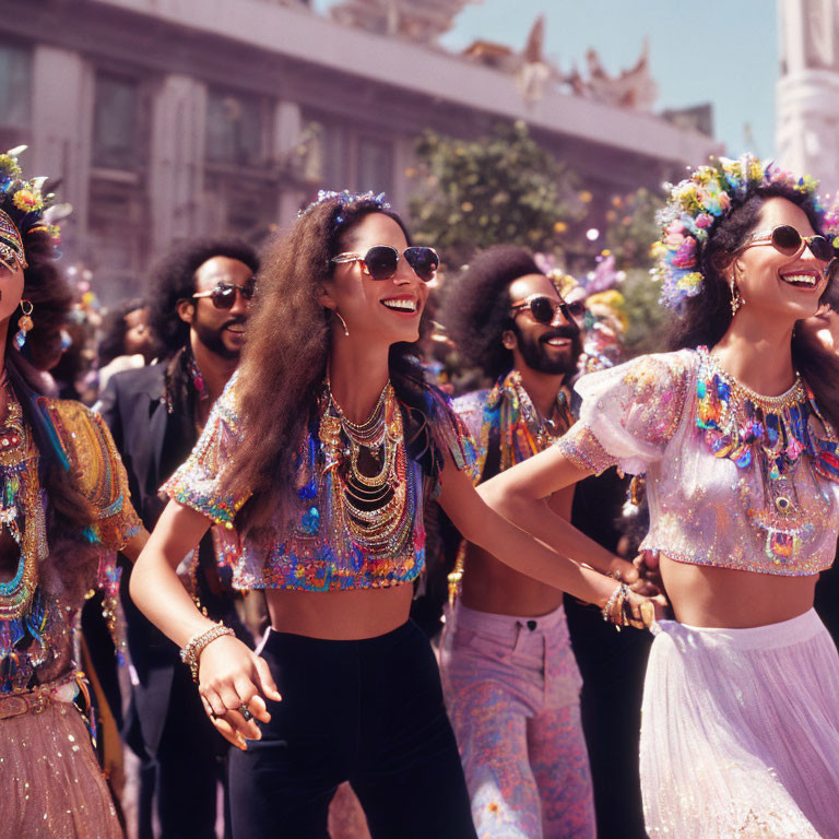 Colorful People in Sparkling Costumes at Outdoor Festival