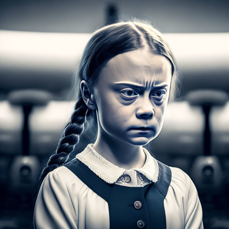 Serious young girl with braided hair in white and black outfit