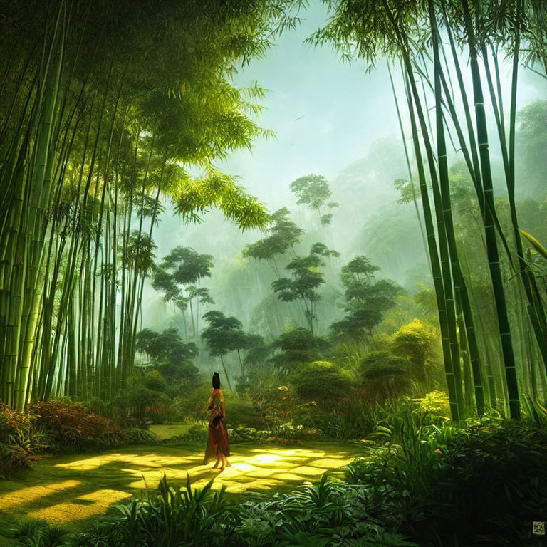 Tranquil bamboo forest scene with walking figure amid misty backdrop