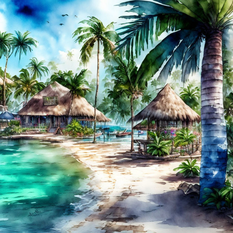 Tropical beach resort watercolor painting with palm trees and clear blue water