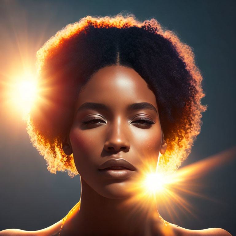 Serene woman with afro in warm backlit glow