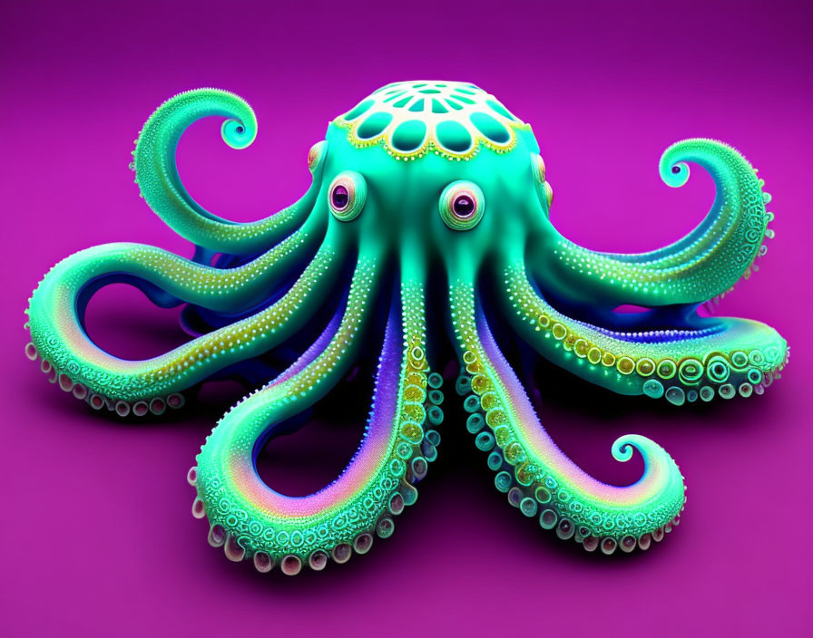 Colorful Stylized Octopus with Green and Purple Gradient on Matching Background
