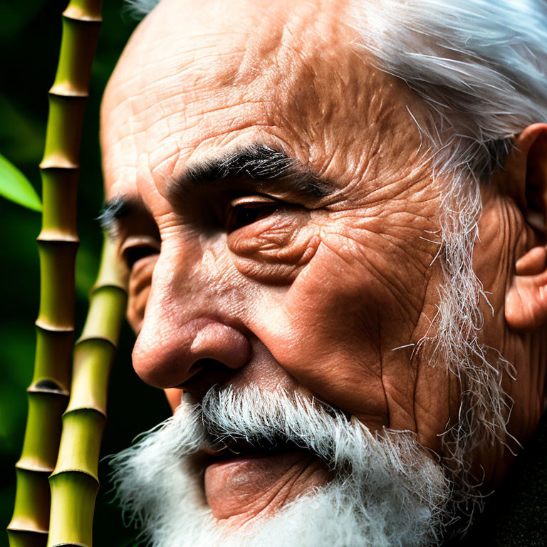 Portrait of Elderly Man with White Beard and Intense Gaze Against Green Bamboo