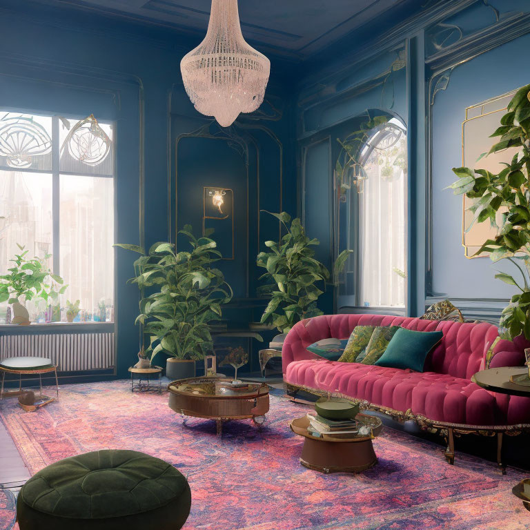 Stylish Blue Living Room with Pink Velvet Sofa & Elegant Decor