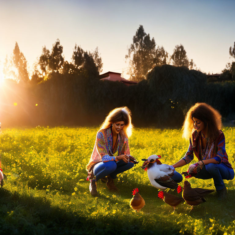 Two Women Kneeling in Sunny Field with Chickens and Colorful Clothing