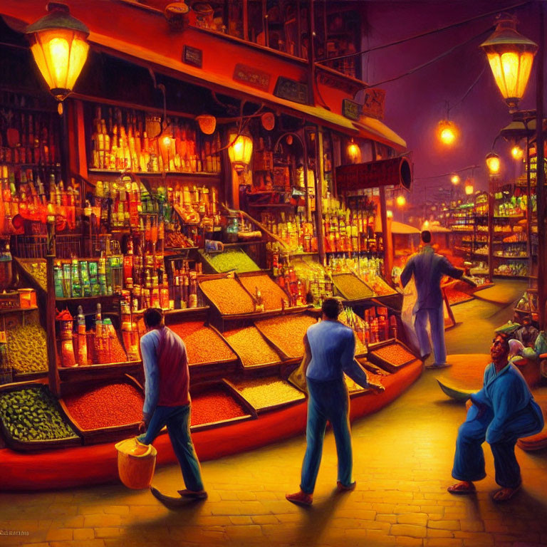 Colorful Dusk Marketplace with Spice Stalls and Merchants