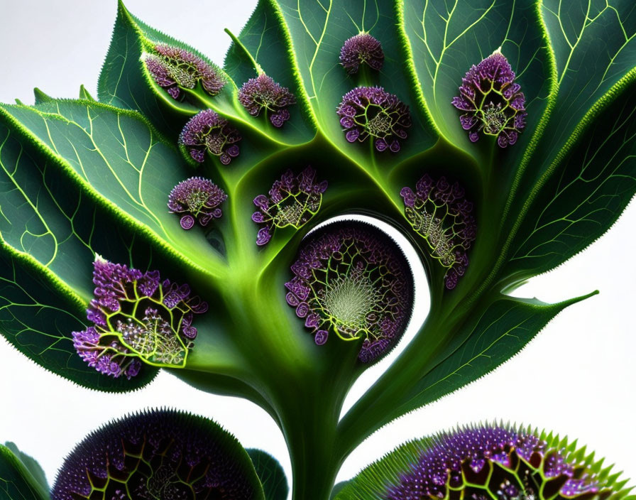 Green Leaves with Purple Fractal Patterns: Nature-inspired Artistic Image