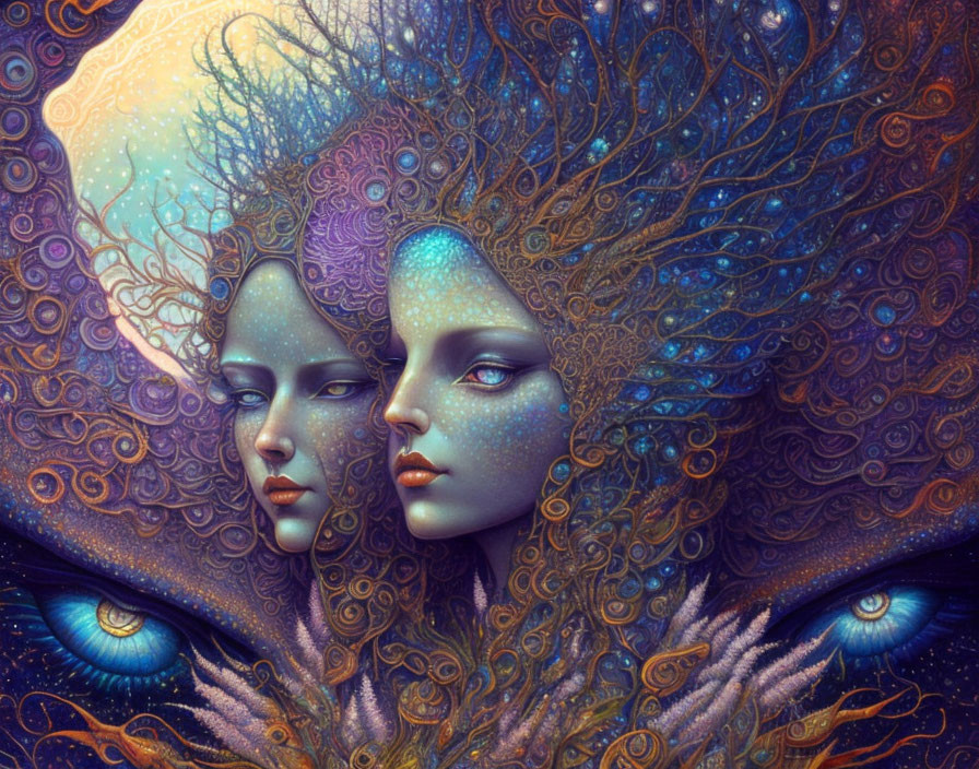 Surreal illustration of two ethereal women with blue skin and intricate patterns intertwined with cosmic and natural