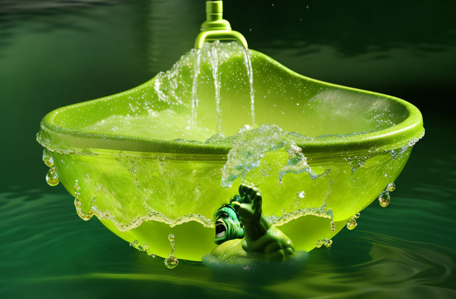 Lime Green Umbrella Creates Splash and Ripple Effects