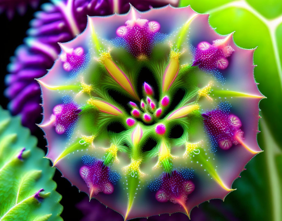 Colorful digital fractal image: Vibrant kaleidoscopic floral pattern