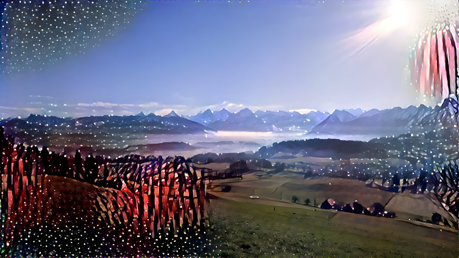 Eiger Moench und Jungfrau over the valley of guerb