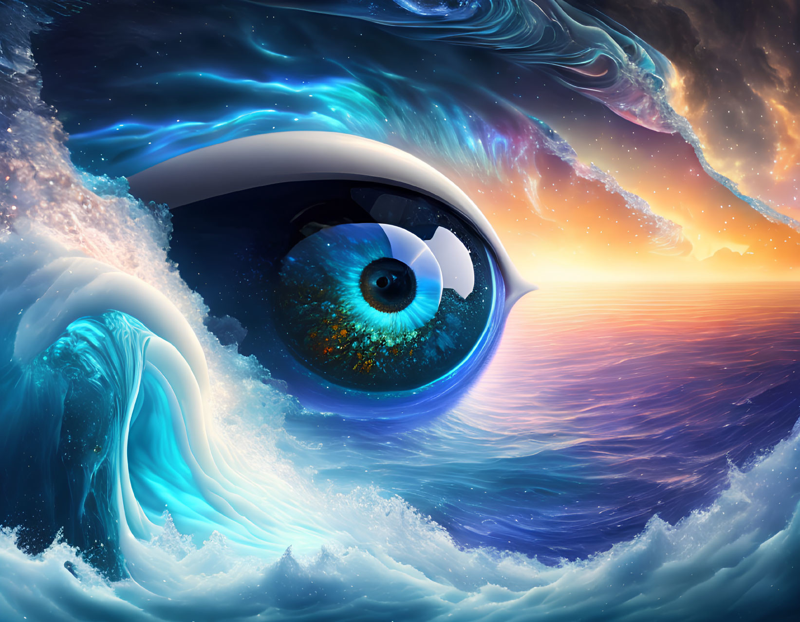 Surreal giant eye with vibrant blue iris in cosmic ocean scene