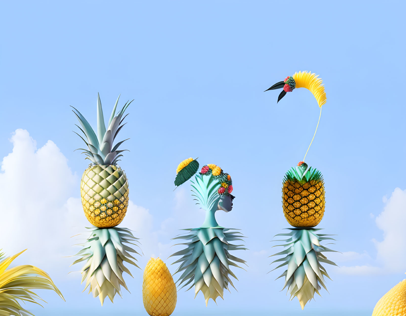 Stylized pineapples as bird, woman, and leaf figures against blue sky