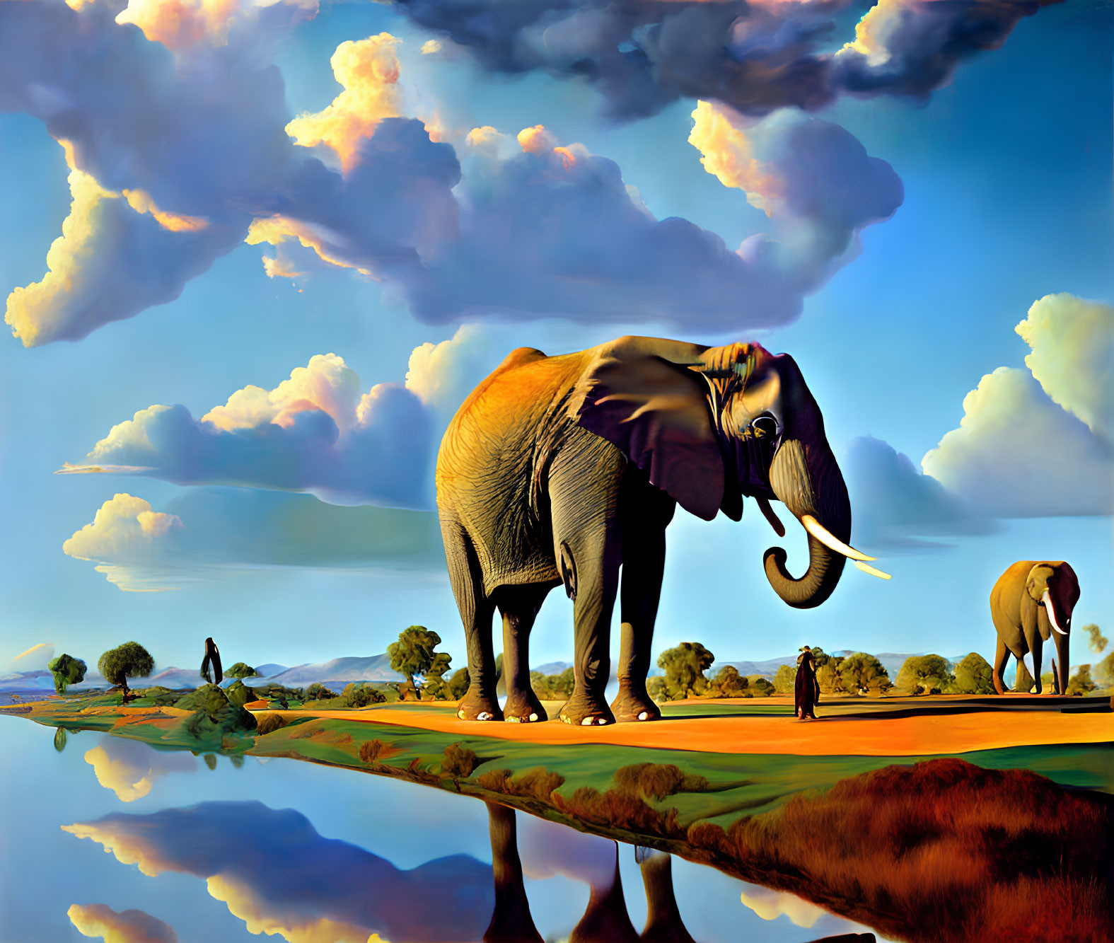 Surreal oversized elephant in savanna landscape with reflective water