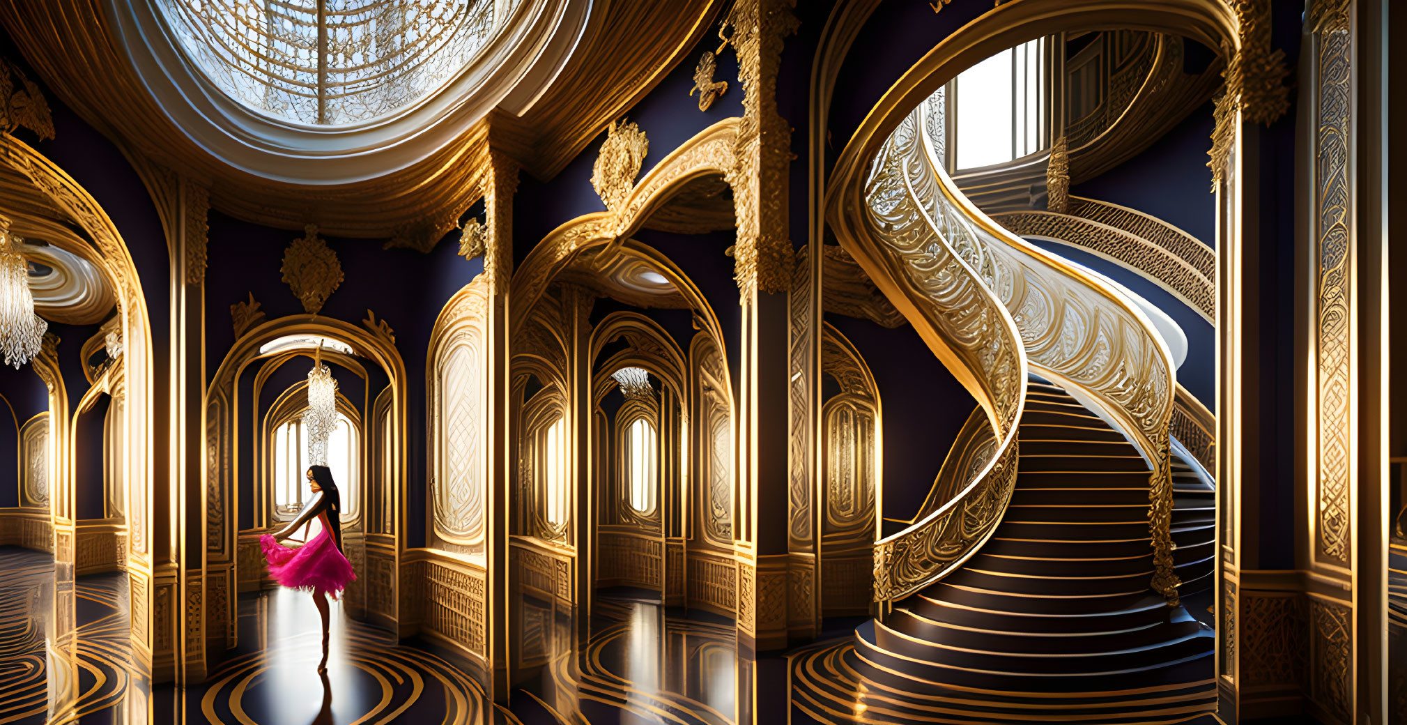 Luxurious interior with grand spiral staircase, gold details, arches, and person in pink dress.