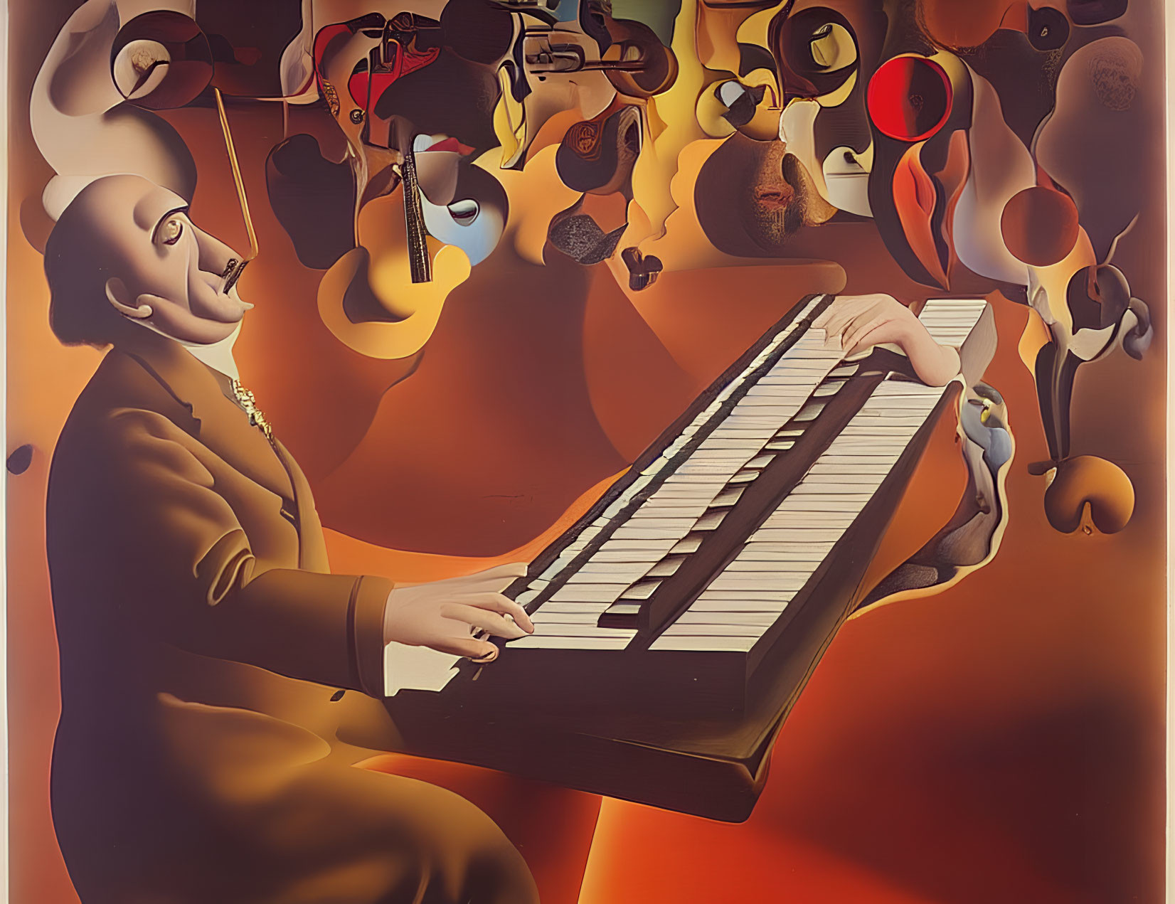 Surreal painting of figure playing piano with abstract forms and musical instruments in warm-toned backdrop