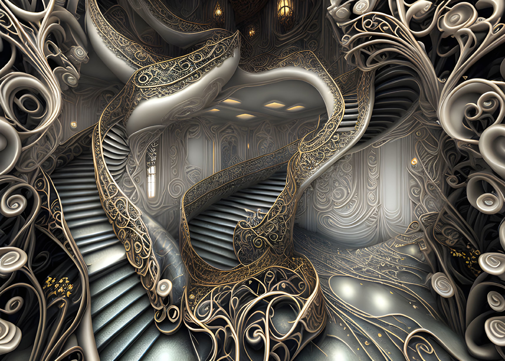 Detailed surreal digital artwork: Escher-like staircase, ornate patterns, swirling structures, monochromatic