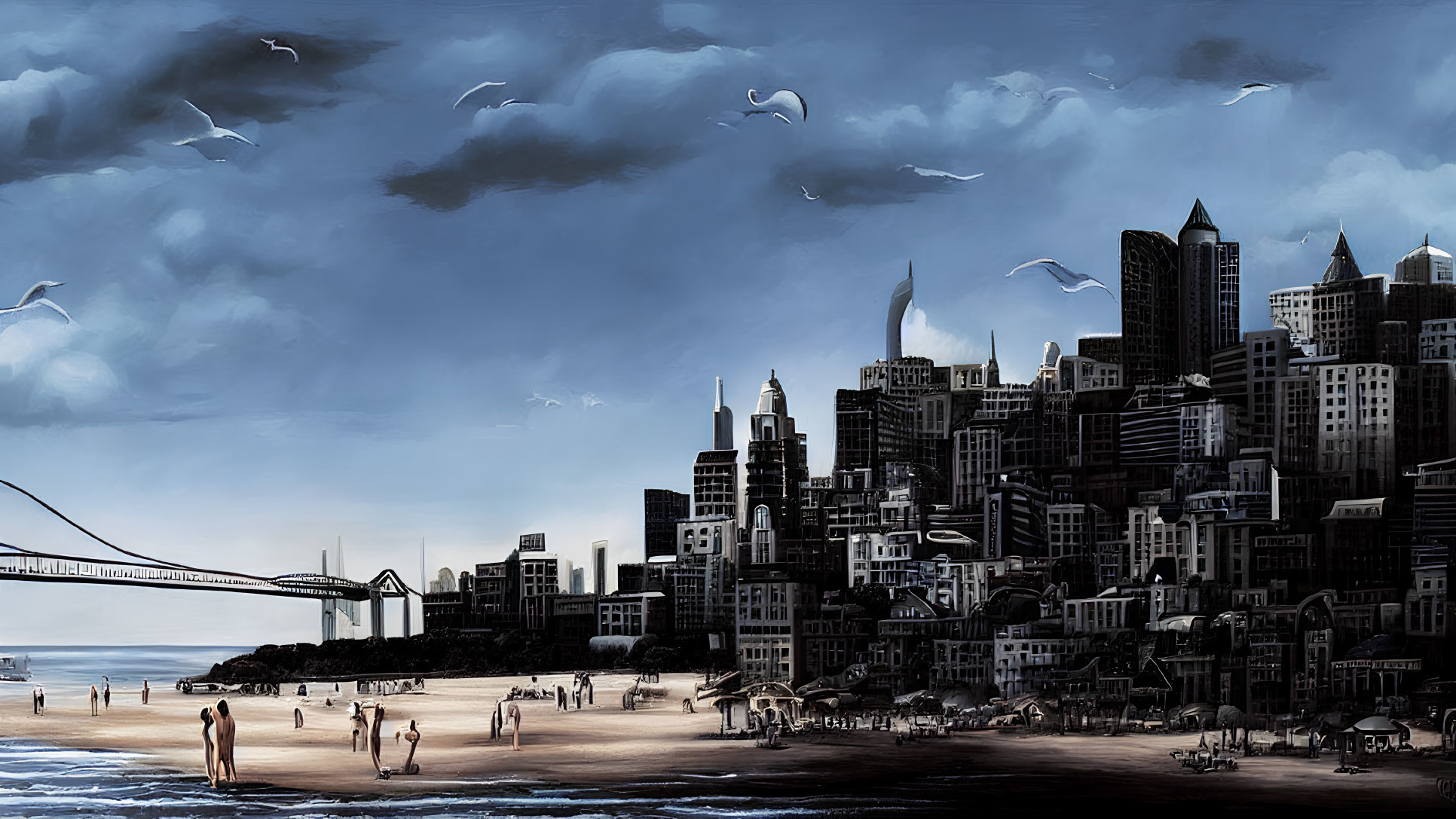 Cityscape with dark tones contrasted by sunlit beach, soaring birds, skyscrapers, and