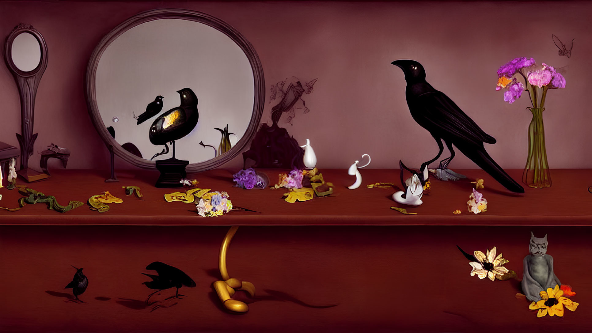 Surreal shelf with raven, flowers, candies, broken egg, bird, and cat