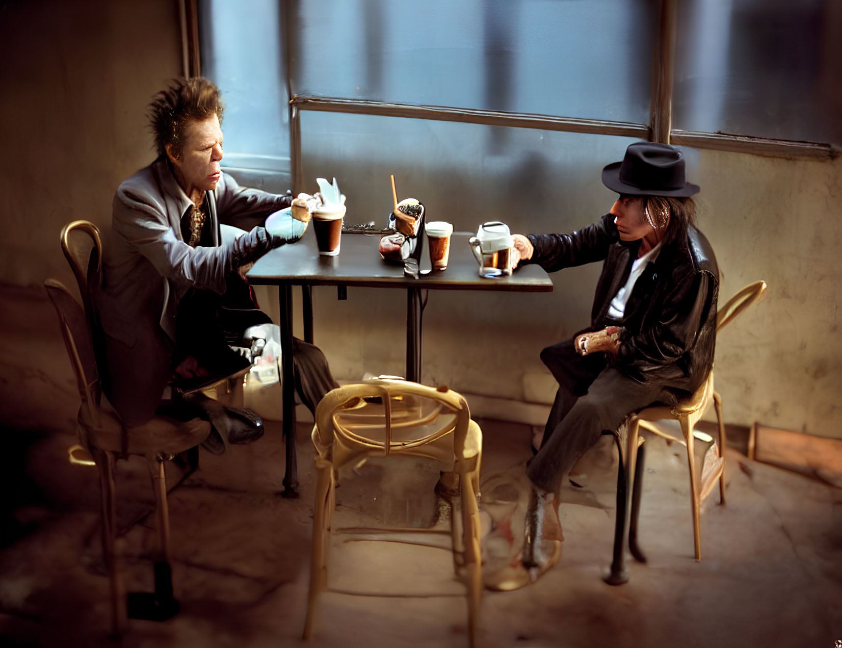 Two people conversing at a table with coffee cups in a warmly lit room.