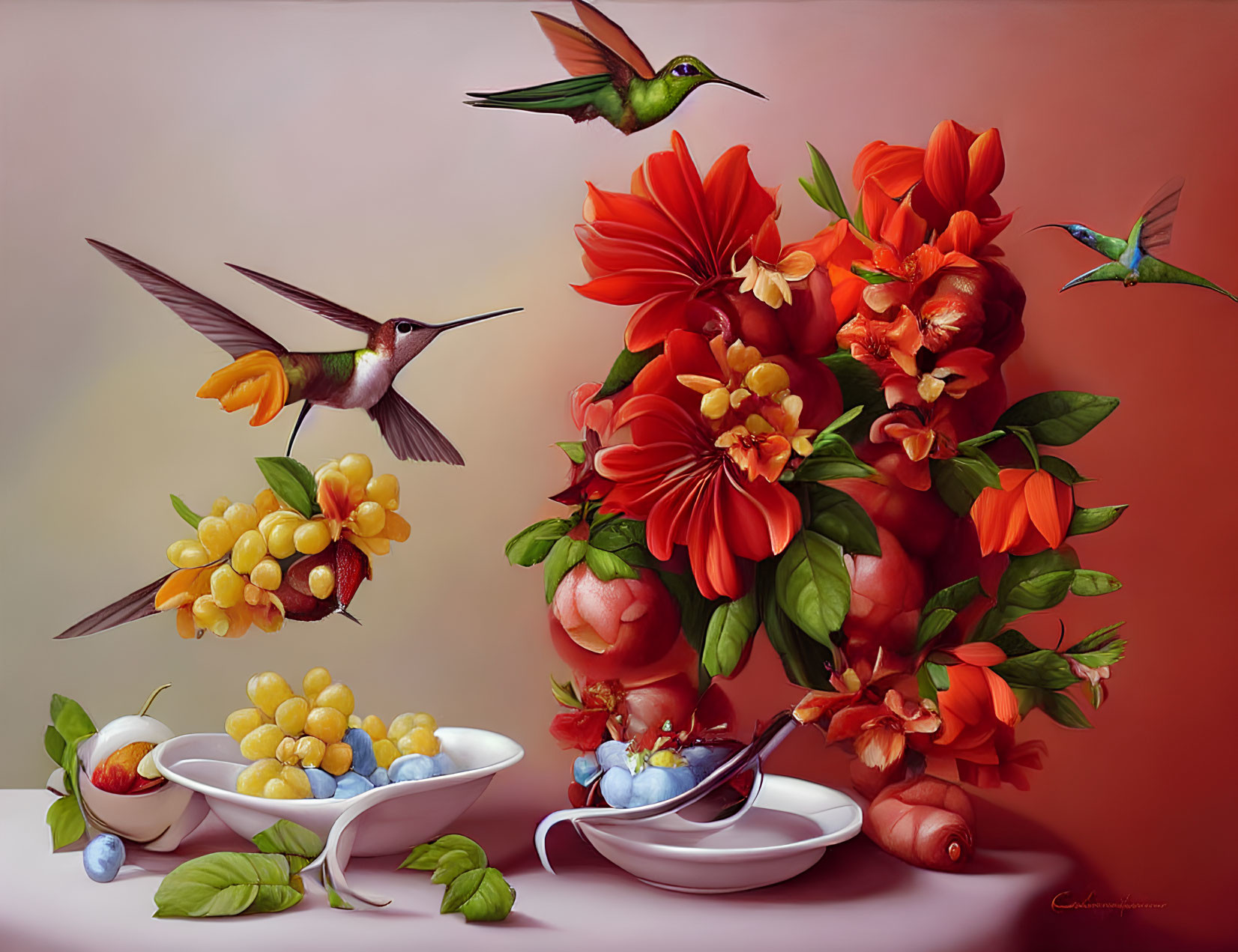 Colorful Still Life with Red Flowers, Grapes, Cherries, and Hummingbirds